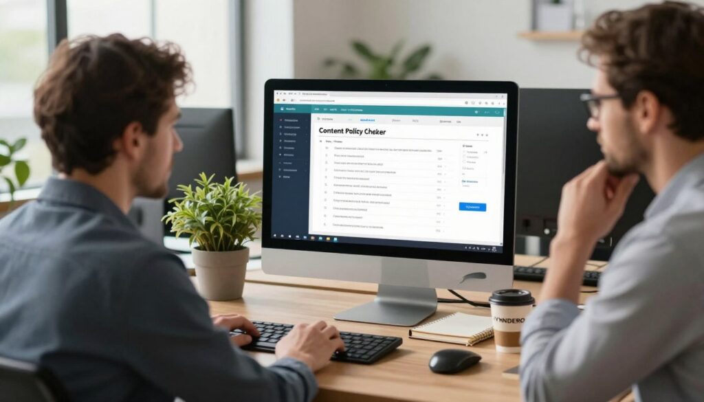 A modern office workspace featuring a sleek computer screen displaying a vibrant content policy checker interface. In the foreground, a focused Caucasian adult wearing professional business attire studies the screen, their expression thoughtful and engaged. The middle layer reveals a well-organized desk with notepads, a coffee mug labeled "VYNDERO," and a potted plant, enhancing the productivity atmosphere. In the background, large windows allow natural light to flood the room, creating a warm and inviting ambiance. The scene is captured from a slightly angled perspective, emphasizing both the individual and the digital interface. The overall mood is one of professionalism and diligence, highlighting the importance of reviewing content before publication.
